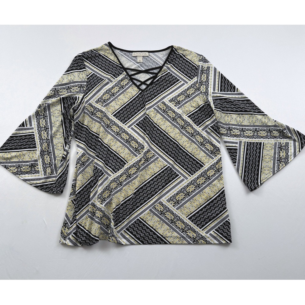 Emaline Blouse Bell Sleeve Criss Cross Neckline Patterned‎ Top XL